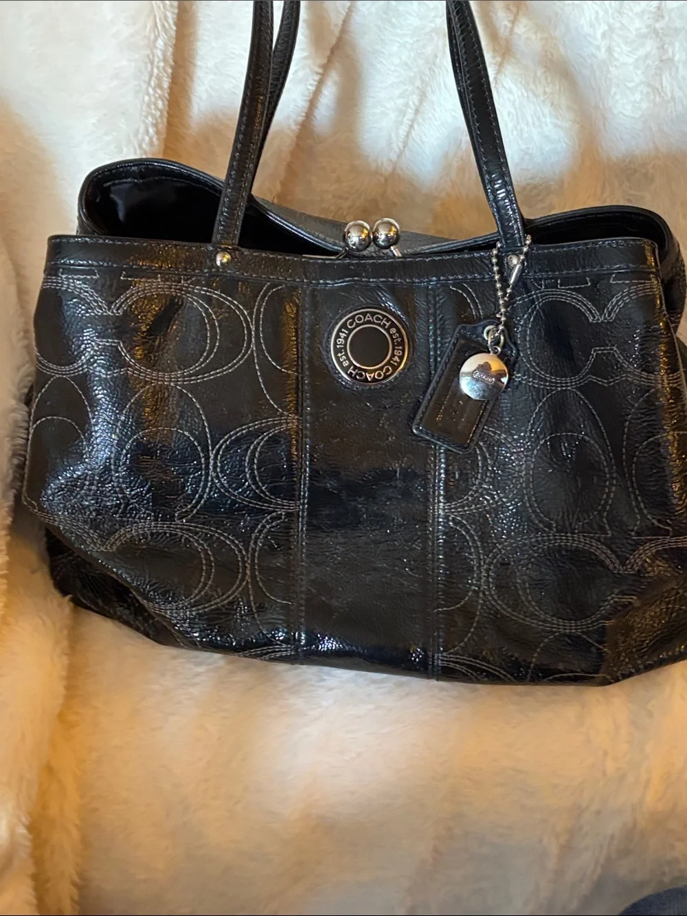 Coach Black Patent Leather Tote with Signature Graphic